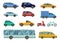 Transportation vehicle. Public cars, taxi, city bus and motorcycle. Road urban transport, car collection vector isolated