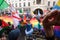 Transvestite waving her flag at the Pride Parade in London.