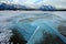 Trapped methane bubbles frozen into the water under the thick cracked and folded ice on Abraham Lake, located in the Kootenay