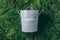 Trash bin for composting with leftover from kitchen on green grass, moss background. Top view. Copy space. Recycling