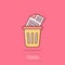 Trash bin with document icon in comic style. Paper recycle cartoon vector illustration on isolated background. Office garbage