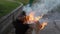 Trash Can Fire Rages In Steel Barrel Dumpster Can