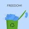 Trash can is full of disposable blue face masks. Text freedom