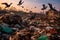 Trash-filled dumpsite, scavenging birds highlight the environmental toll of poor waste management.