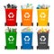 Trash in garbage cans with sorted garbage. Recycling garbage separation collection and recycled
