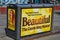 Trash receptacle can in Times Square Manhattan with advertisements for the broadway musical Beautiful on it`s sides