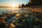 Trash ridden beachscape, plastic bottles accentuating the impact of coastal pollution