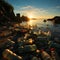 Trash ridden beachscape, plastic bottles accentuating the impact of coastal pollution