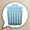 Trash sign illustration. Bright cerulean icon in white speech balloon at pale taupe background. Illustration