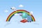 Trave concept. Airplane flying over rainbow with luggage and passport. Traveling by airplane to explore world. 3D realistic vector