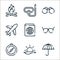 travel and adventure line icons. linear set. quality vector line set such as umbrella, sunset, compass, sunglasses, passport,