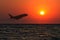 Travel agency, international flights, hotel and air tickets booking, silhouette of an airplane taking off at sunset on sky