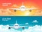 Travel airplane tourism vector banner design. World trip vacation background. Aircraft flight design concept