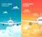 Travel airplane tourism vector banner design. World trip vacation background. Aircraft illustration