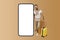 Travel app. Handsome charismatic bearded man stands with luggage near huge mobile phone