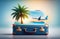 Travel app icon, blue suitcase design, airplane on suitcase,palm tree on background,sticker