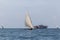 Travel around Africa. Sailing ship on background of horizon line.