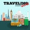 Travel around the world poster. Tourism and vacation, earth world, journey global, vector illustration. World travel
