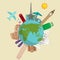 Travel around the world poster. Tourism and vacation, earth world, journey global, vector illustration. World travel