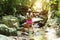 Travel asian woman standing on forest trail and looking away. Female with backpack on hike in nature