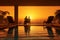 travel back swimming sunset pool vacation couple honeymoon romantic relax. Generative AI.
