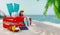 Travel background with a red trolley at a white and lonely beach. 3d rendering