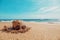 Travel background, with wooden hat, sunglass, on sand beach, in summer day with a sunny sky, Beautiful sea, in the summer season