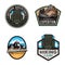 Travel badges and stickers with hike themed design elemets