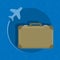 A travel bag on a blue background. A green luggage with an airplane. Vector illustration.