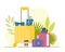 Travel bag with many items vector. Journey suitcase