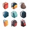 Travel bag pack. Isometric baggage colorful school bags vector illustrations