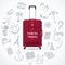 Travel bag with the set of tourism, journey, summer vacation doodle icons. Time to travel concept illustration