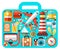 Travel bag with vacation symbol stickers. Cartoon journey icon