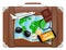 Travel bag with world map sunglasses compass passport plane smartphone