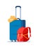 Travel bags composition. Suitcase and backpack. Tourist case, journey and adventure baggage. Travelers luggage. Vector