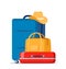 Travel bags composition. Suitcase and backpack. Tourist case, journey and adventure baggage. Travelers luggage. Vector