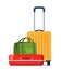 Travel bags composition. Suitcase and backpack. Tourist case, journey and adventure baggage. Travelers luggage. Vector