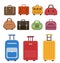 Travel bags icon set, flat style. Luggage travel bags set on a white background. Set suitcases. Collection different bags