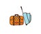 Travel bags ready for vacations. Summer luggage suitcase and leather bag with stickers. Retro style. Vector hand drawn doodle