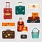 Travel bags stickers and patches collection vector illustration. Set business voyage packing, handle trip baggage