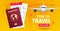 Travel banner design. Vacation trip offer concept. Vector tourist illustration with passport, ticket, airplane. Travel background