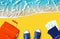 Travel banner, summer holidays, vacation concept, tourism: tropical island beach blue sea wave, ocean water, sand, red suitcase