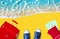 Travel banner, summer holidays, vacation concept, tourism: tropical island beach, blue sea wave, ocean water, sand, red suitcase