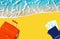 Travel banner, summer holidays, vacation concept, tourism: tropical island beach, blue sea wave, ocean water, sand, suitcase