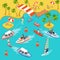 Travel beach resort vacation sea surf flat 3d isometric vector