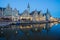 Travel Belgium medieval european city town background with canal