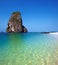 Travel boat on Thailand island beach. Tropical coast Asia landscape background