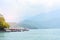 Travel boats parking at  the pier with sunset and mountain scenery background, sun moon lake, Taiwan