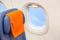 Travel or business trip concept. Blue airplane empty seat with windows. Aircraft interior.