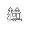 Travel camper trailer in forest line icon, outline vector sign